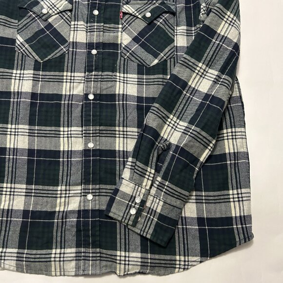 Vtg Levis Shirt Mens L Black Gray Plaid Western Pearl Snap Flannel Standard Fit - Picture 5 of 12
